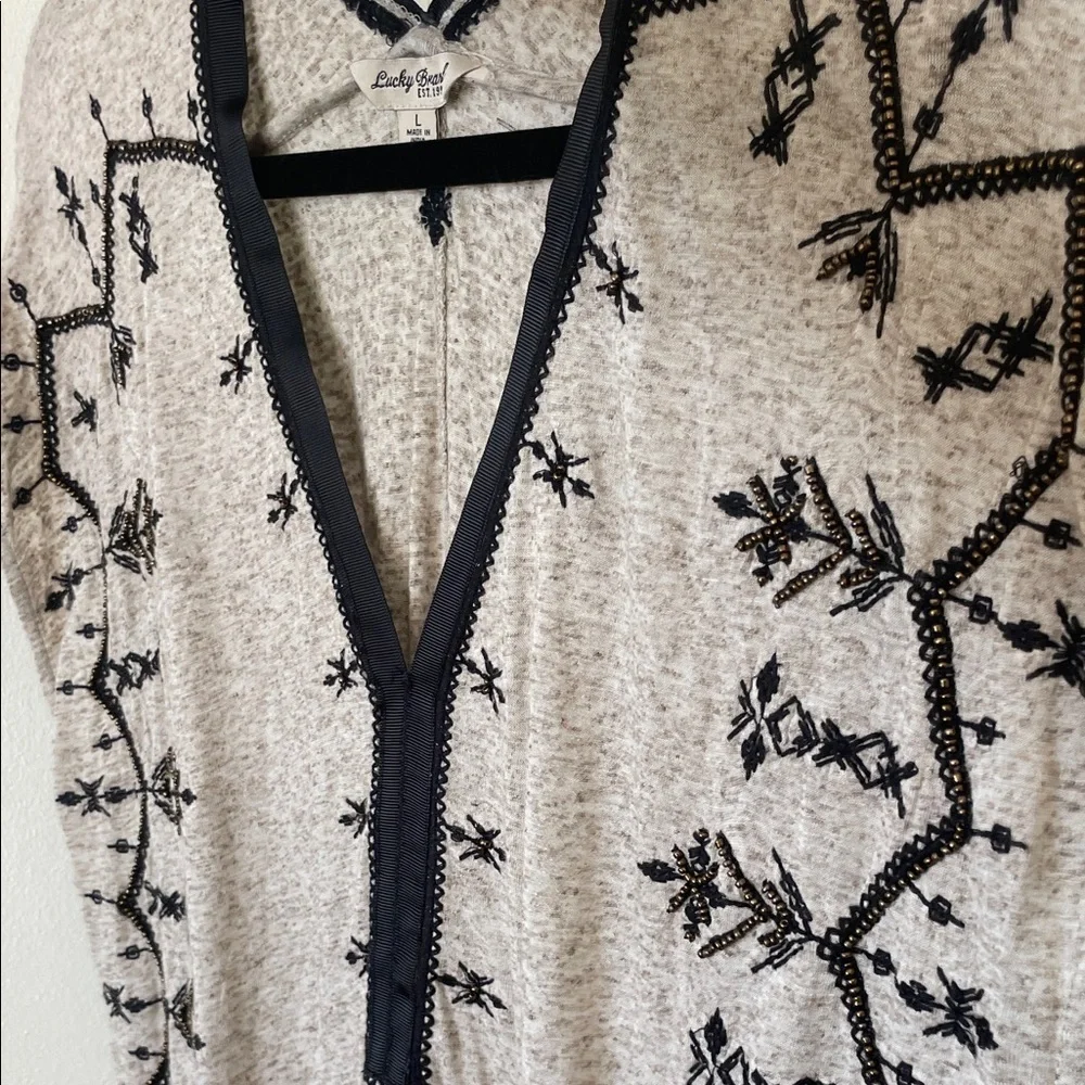 Lucky Brand|Boho Chic Embroidered tunic top w/ beading|oatmeal/black| Large| EUC - Picture 11 of 14